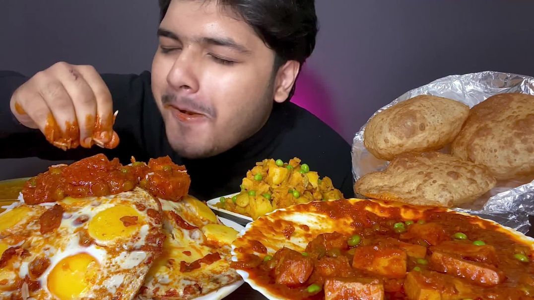 EATING  DAL CHAWAL,MATAR PANEER , ALOO MATAR WITH AFGANI EGGS AND PURI   RICE EATING   EATING SHOW