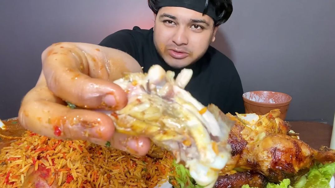 SPICY  BOMBAY CHICKEN BIRYANI WITH GRAVY AND WHOLE CHICKEN   EATING SHOW   MUKBANG
