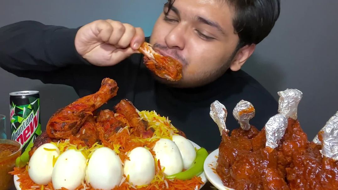 ⁣SPICY  CHICKEN BIRYANI WITH SPICY TANDOORI LEG PIECE AND EGGS, CHICKEN LOLLIPOP   BIG BITES  MUKBANG