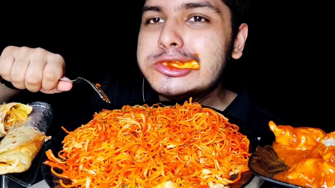 BIG BITES MUKBANG   SPICY NOODLES WITH MOMOS AND EGG ROLLS   EATING SHOW   INDIAN MUKBANG