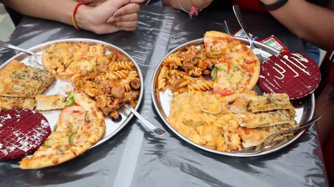 Italian Thali Eating Challenge Pizza, Mix Sauce Pasta, Garlic Bread, Creamy Waffels Italian Food