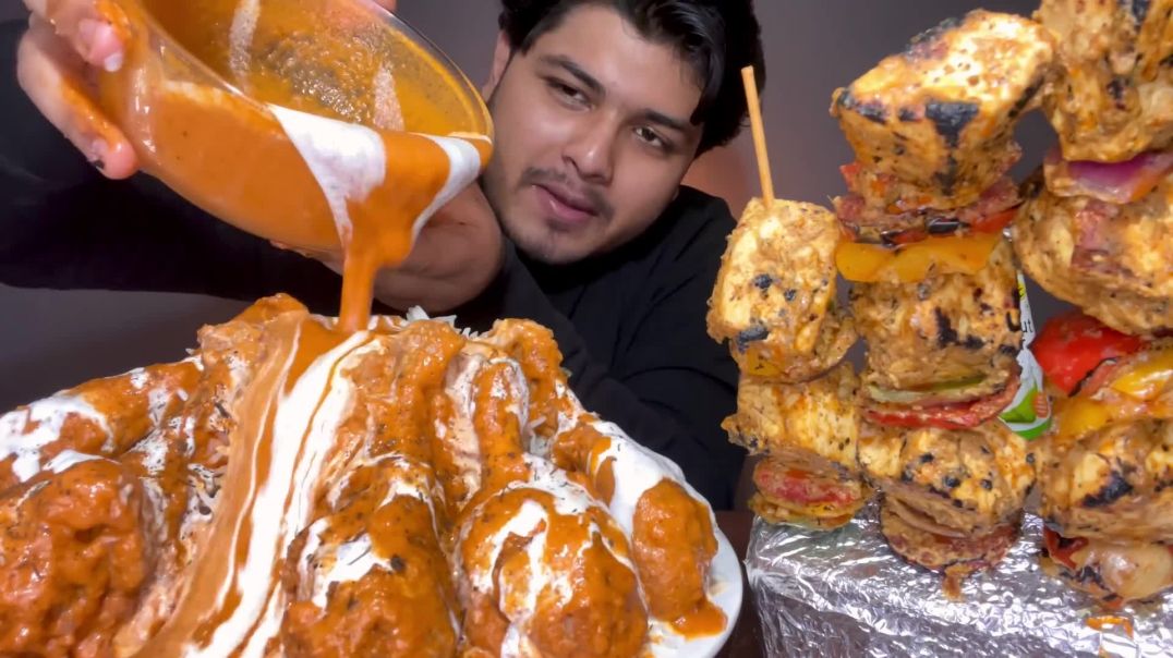 CREAMY  BUTTER CHICKEN WITH JEERA RICE AND BUTTER NAAN + PANEER TIKKA EATING   BIG BITES   MUKABANG