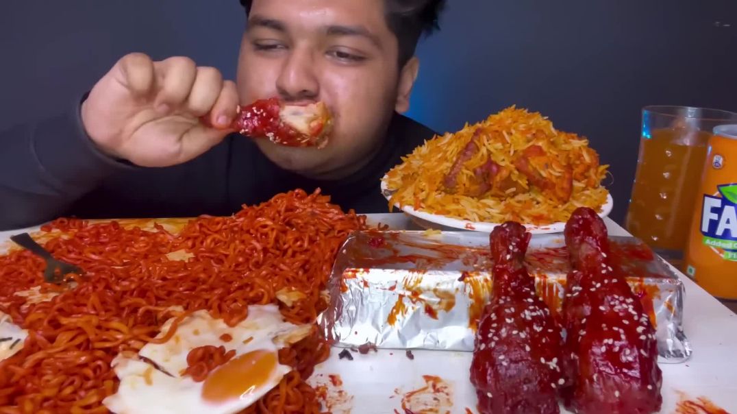 EATING 2X SPICY NOODLES 🌶 WITH KOREAN FRIED CHICKEN + CHICKEN BIRYANI   EATING SHOW   MUKBANG