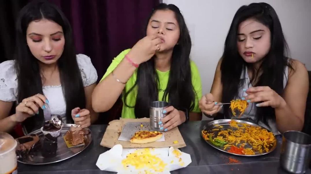 Cheese Vs Chilli Vs Chocolate Food Challenge Chilli ChowMein, Pizza, French Fries, Choco Pastry