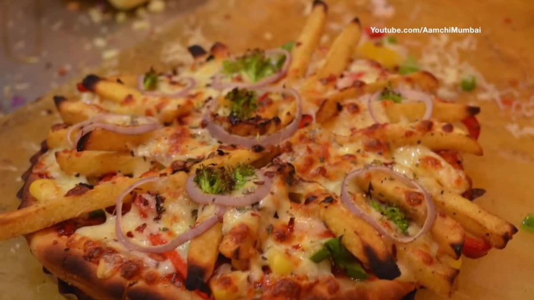 BIG CHEESY BURGER PIZZA _ French Fries Pizza _ Indian Street Food