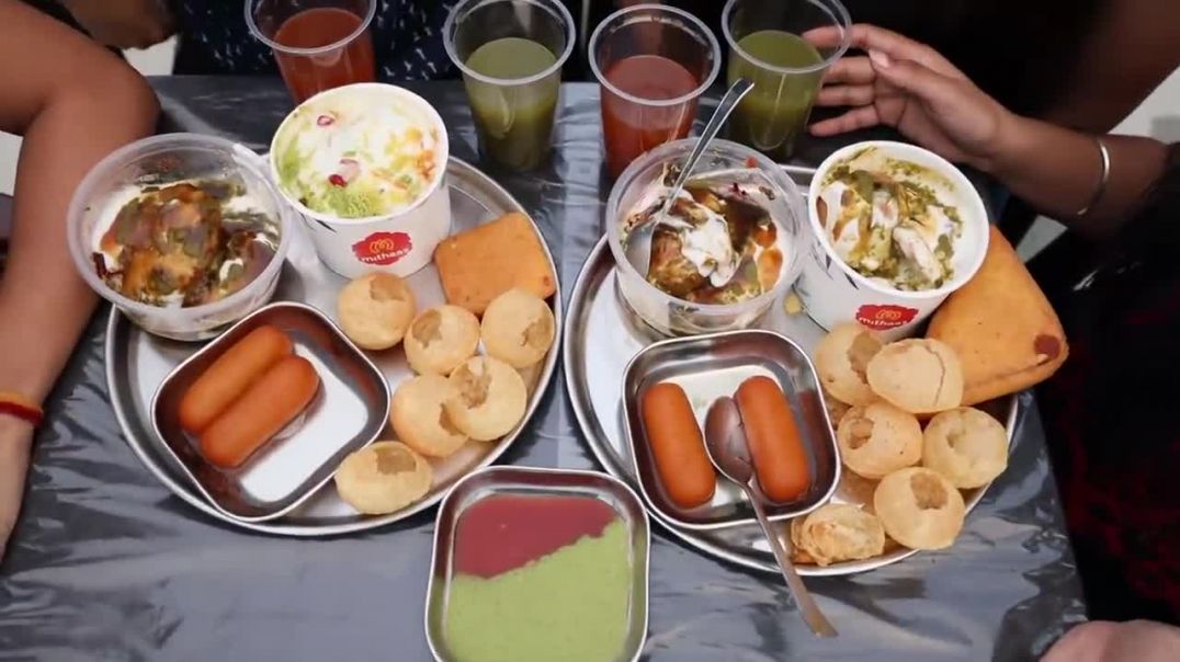 ⁣Street Food Thali Eating Challenge Golgappa, Dahi Bhalla, Aloo Tikki, Paneer Bread Pakora etc