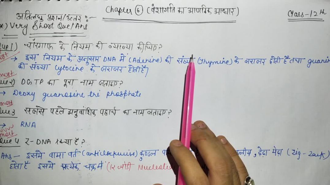 ⁣Important Short Questions _ वंशागति का आणाविक आधार _ Biology 12th Class