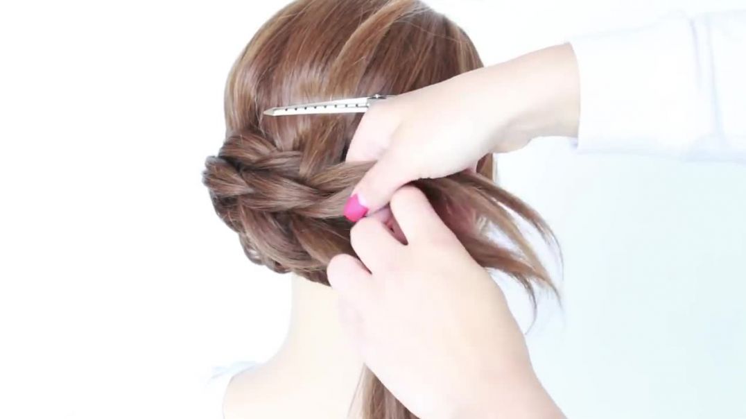⁣3 Minute EASY UPDO with ponytails for SHORT HAIR  How to_ Pull Through Braid by Another Braid