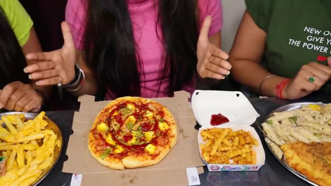 Pizza, Burger, Garlic Bread, French Fries, Cheesy Fries and Pasta Eating Challenge Food Challenge